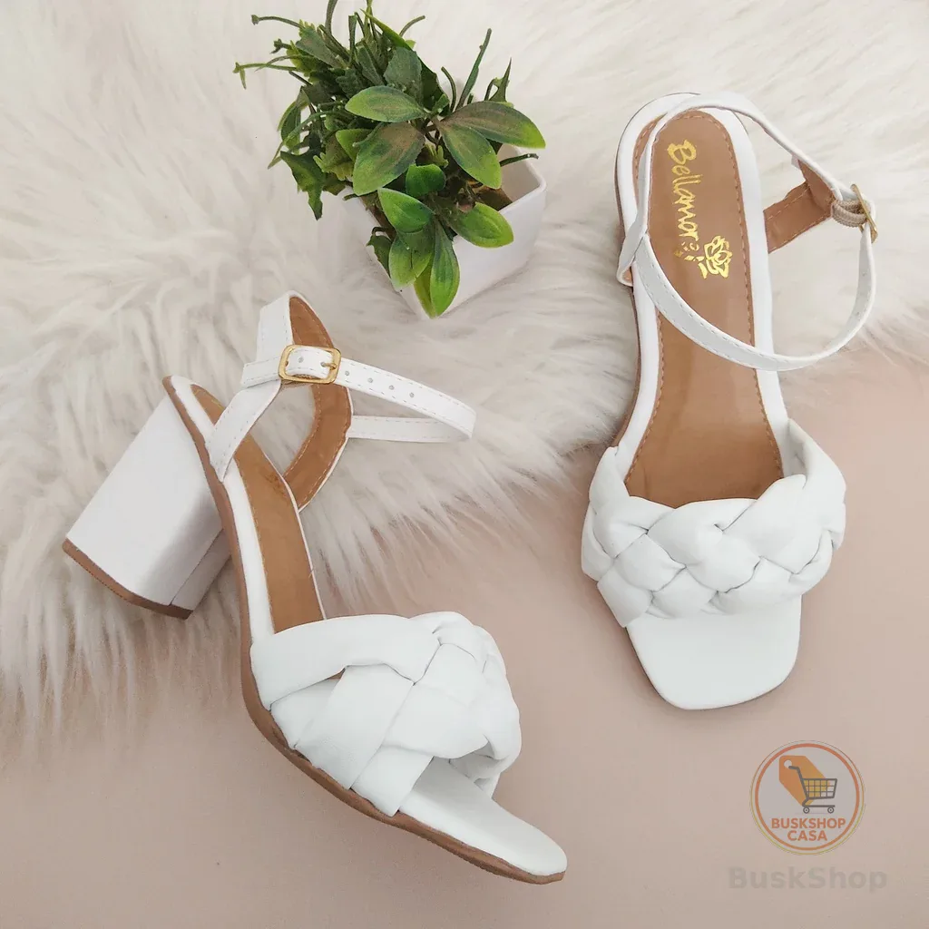 Sandalia Femenina Salto Grosso Médio Com Trança Confort Promoção Nude,Branco,Rosa,Preto,Dourado