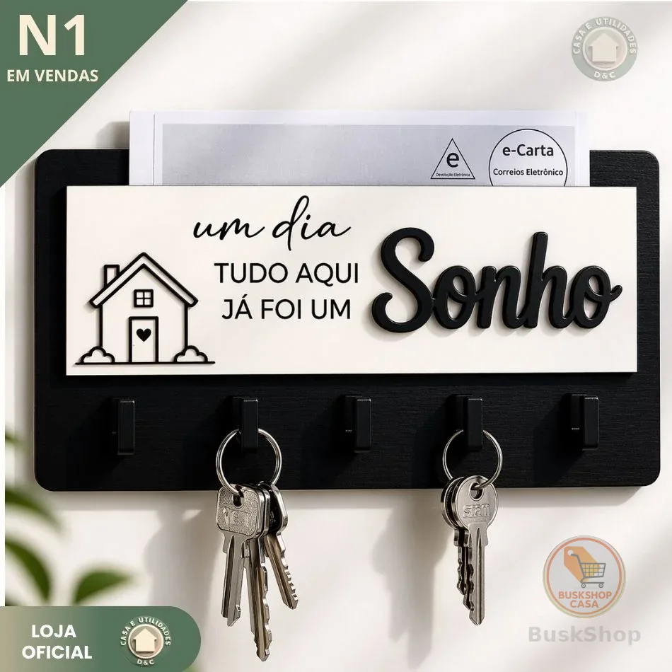 Porta Chaves Cartas Parede MDF Decorativo Organizador Chaveiro Casa Entrada 5 Ganchos