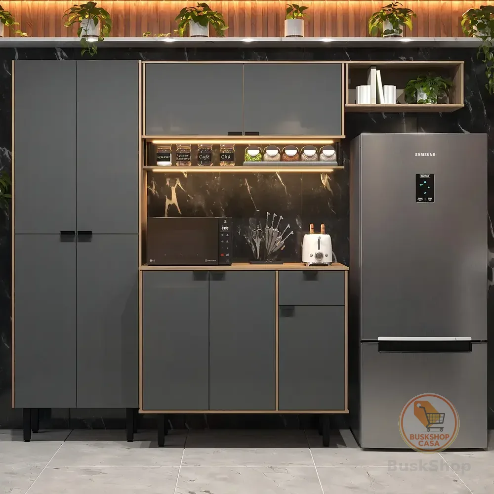 Cozinha Completa Mdf Cinza Grafite Com Armários Modulados, Puxador Metálico Estilo Industrial Moderno Mod: Cozinha Esperta
