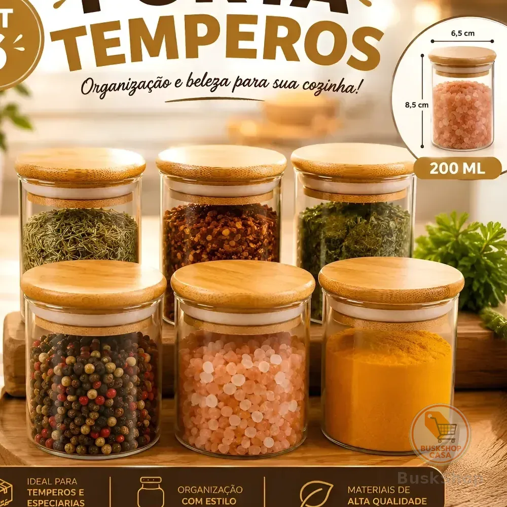Kit 6 Pote Vidro Porta Temperos Hermético Cozinha Organiza V Vidro/tampa De Bambu