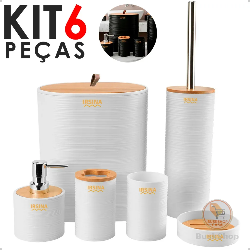 KIT Acessórios de Banheiro Lavabo de Bambu Conjunto Completo Lixeira Saboneteira Escova