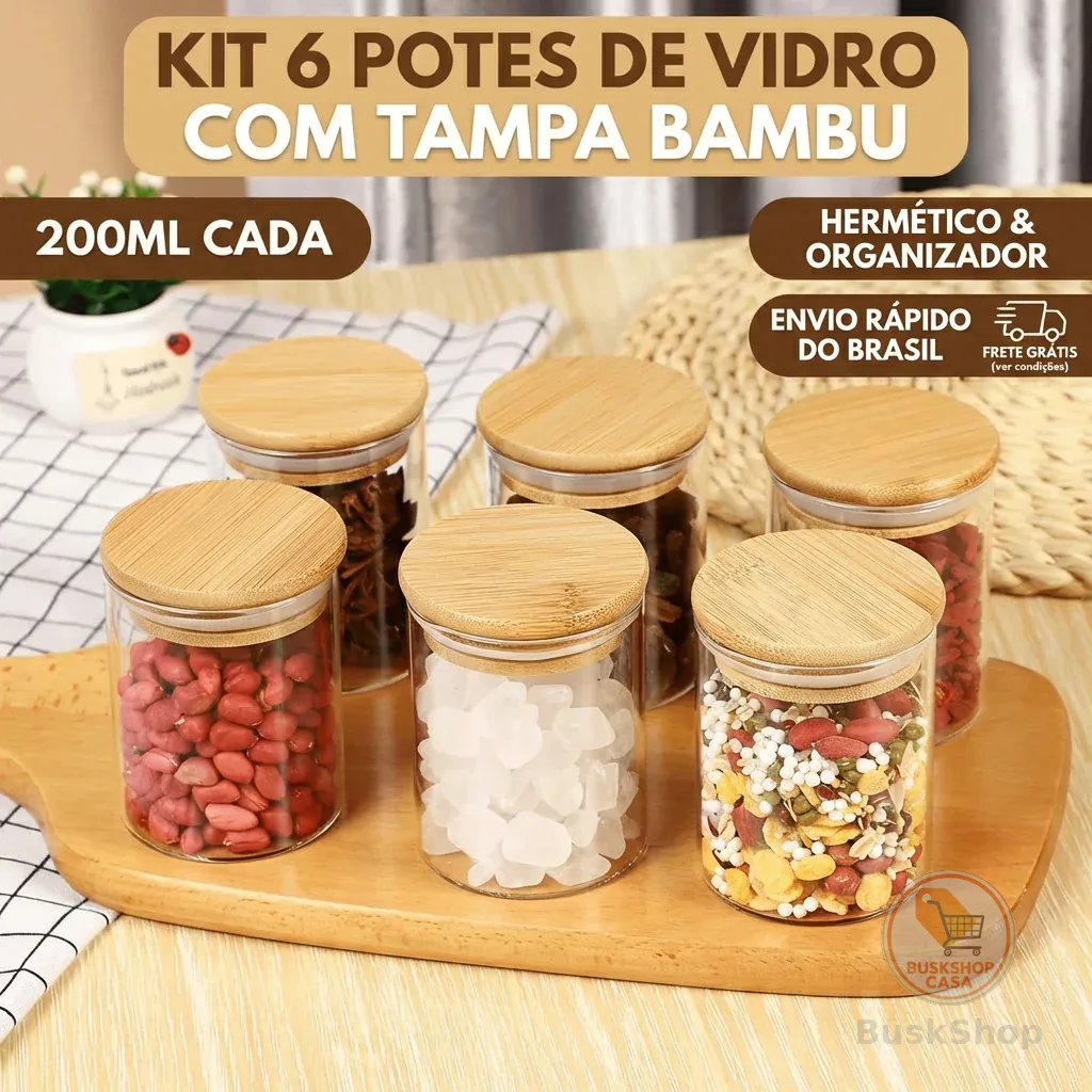 Kit 12/6 Potes de Vidro 200ml com Tampa Bambu Hermética - Porta Mantimentos Pequeno para Especiarias e Grãos