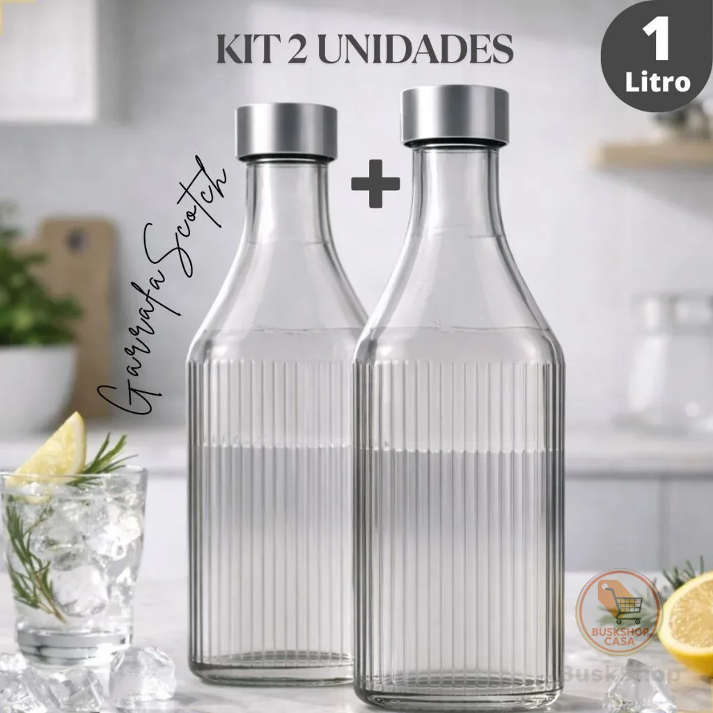 Kit 2 Garrafas de Vidro 1L Água Geladeira Tampa Inox Canelada Scotch Filete Quadrada Hermética