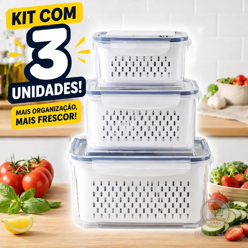 Organizador com 3 potes Herméticos De Geladeira para frutas, alimentos inclui Cesto tampa