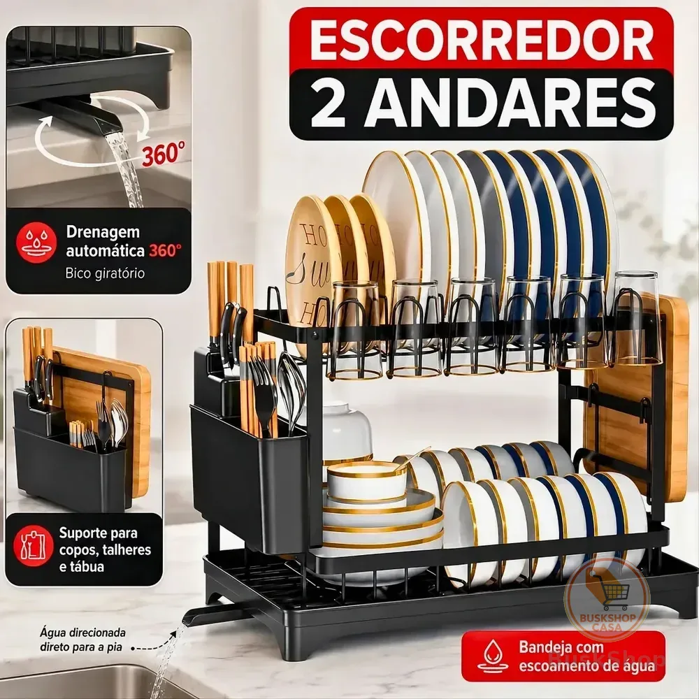 Escorredor De Louça Inoxidável 2 Andares Drenagem Automática Bandeja Grande 360º Organizador Pia Com Porta Pratos Tigelas Talheres Copos