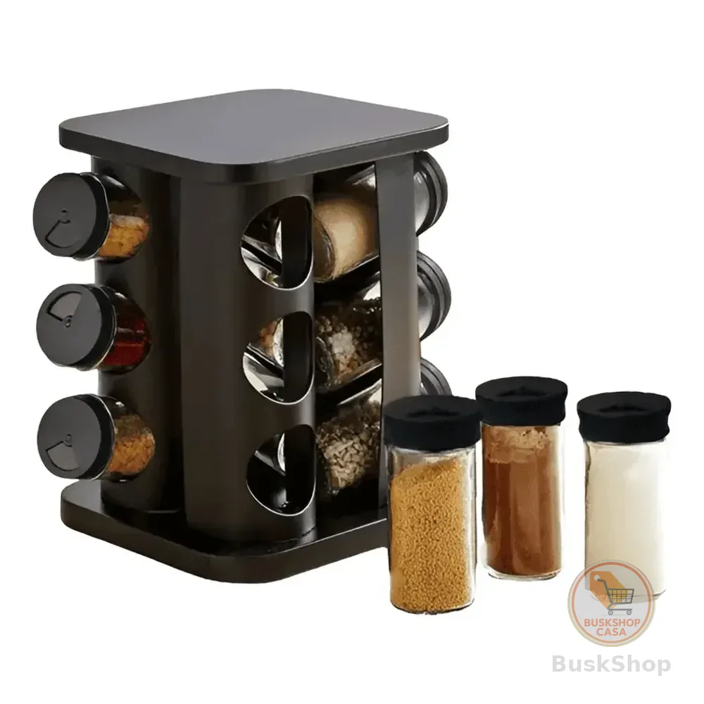 Porta Temperos Giratório Preto Em Casa Tem com 12 Potes Vidro 85ml