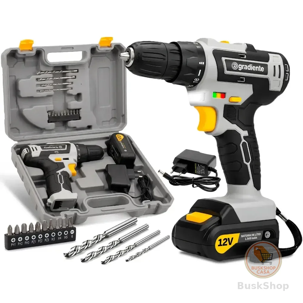 Parafusadeira Furadeira Sem Fio A Bateria 12V 3/8 Pol. 10mm Gradiente Profissional Com Maleta Brocas e Bits