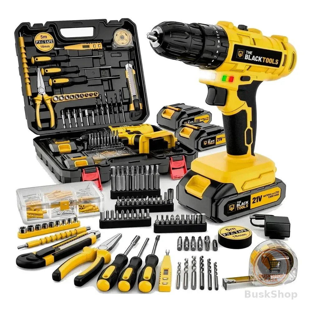 Parafusadeira Furadeira De Impacto The Black Tools Profissional 2 Baterias Com Maleta + Kit Acessórios 134 Peças Tbkit20