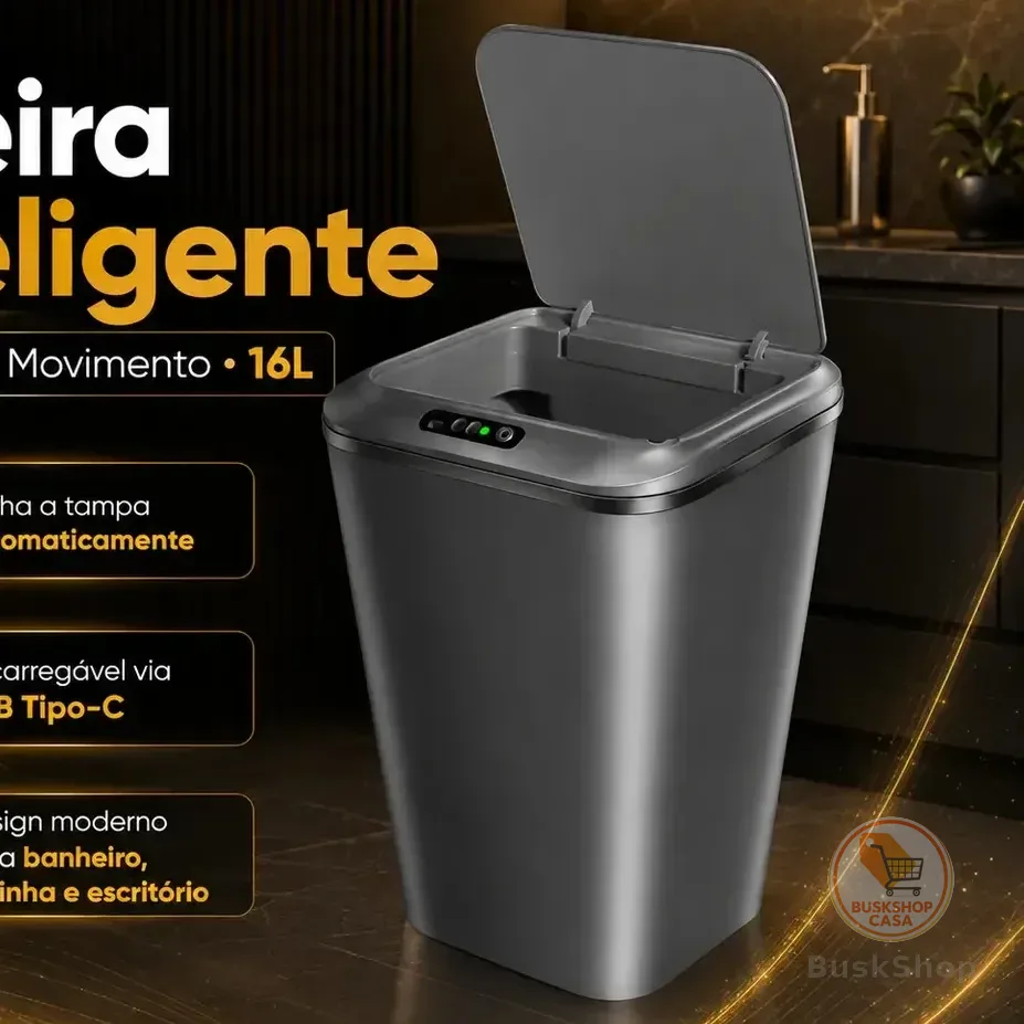 Lixeira Inteligente Automática Cinza Universal Com Sensor Hearbuds Recarregável Anti Odor 16L