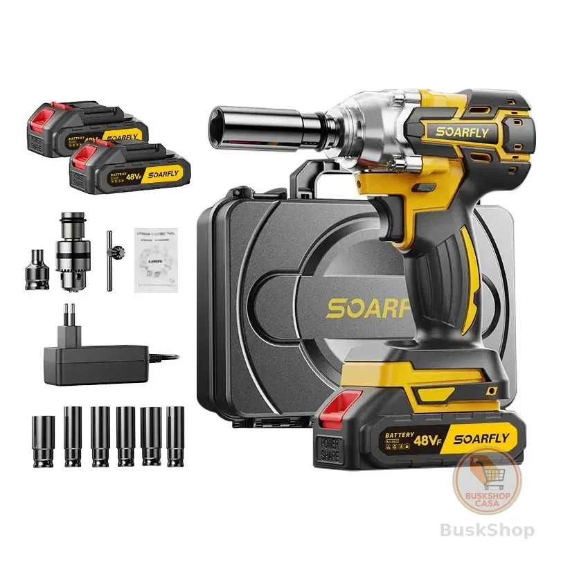 Chave De Impacto 800n.m 48v Brushless Com 2 Baterias Sem Fio Amarelo 127/220v 50/60hz
