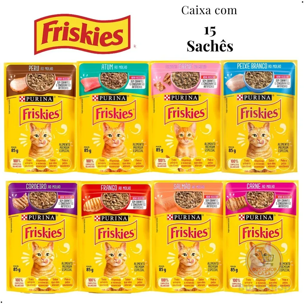 Kit 15 unid Sachê Friskies Alimento Úmido Gatos Carne Frango Atum Peixe Branco Cordeiro Salmão Peru