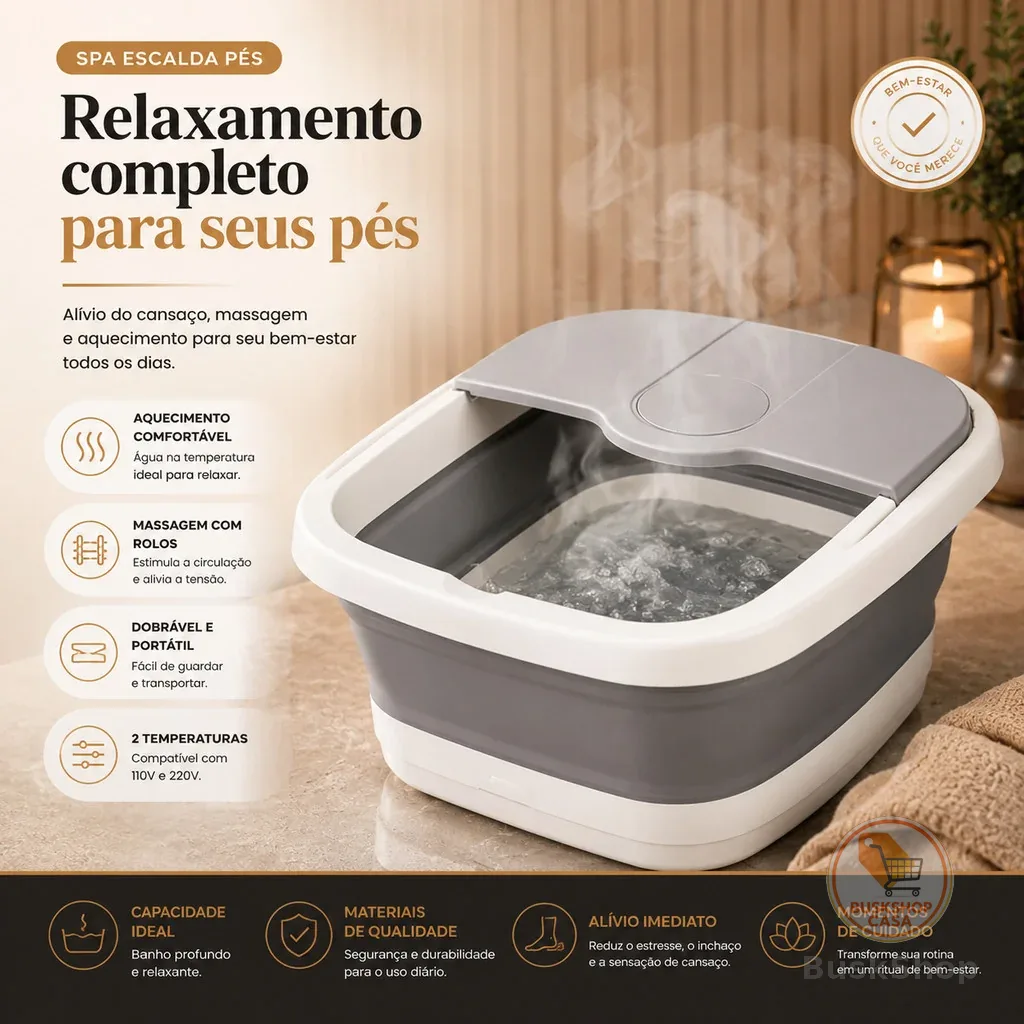 Spa Escalda Pés Elétrico Dobrável Com Aquecimento Massagem Relaxante Bivolt 110V 220V