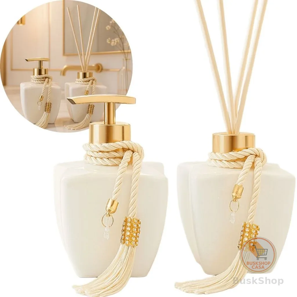 Kit Vidros Lavabo Branco Luxo C/ Enfeite Difusor E Sabonete