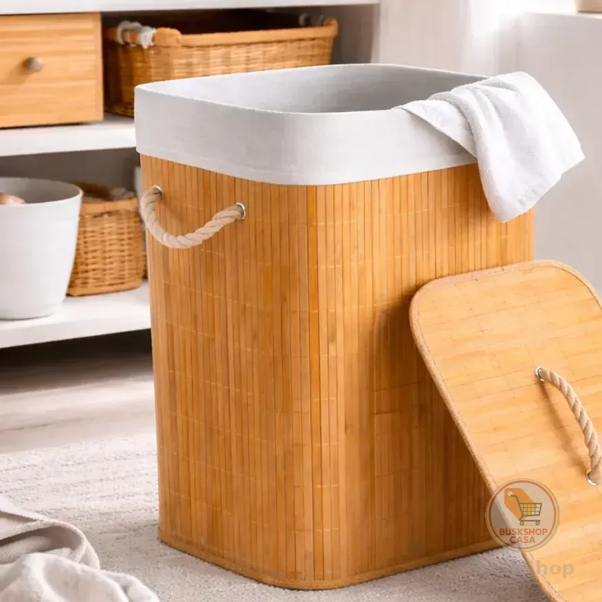 Cesto De Roupa Suja Bambu Dobrável Com Tampa Alças 72 Litros Bambu