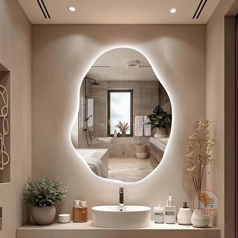 Espelho Orgânico Lapidado 50X35 ou 70x50 ou 80x60 Sem Moldura LED C/PILHAS Quente Frio Decoração Quarto Banheiro Sala