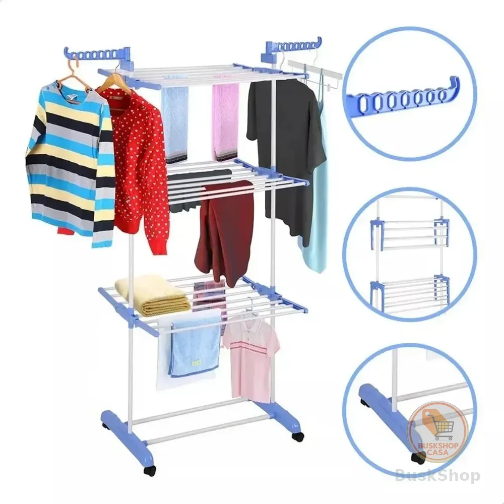 Varal De Chão Grande De Roupas 3 Andares Dobrável Cor Azul Kontuz 170 cm
