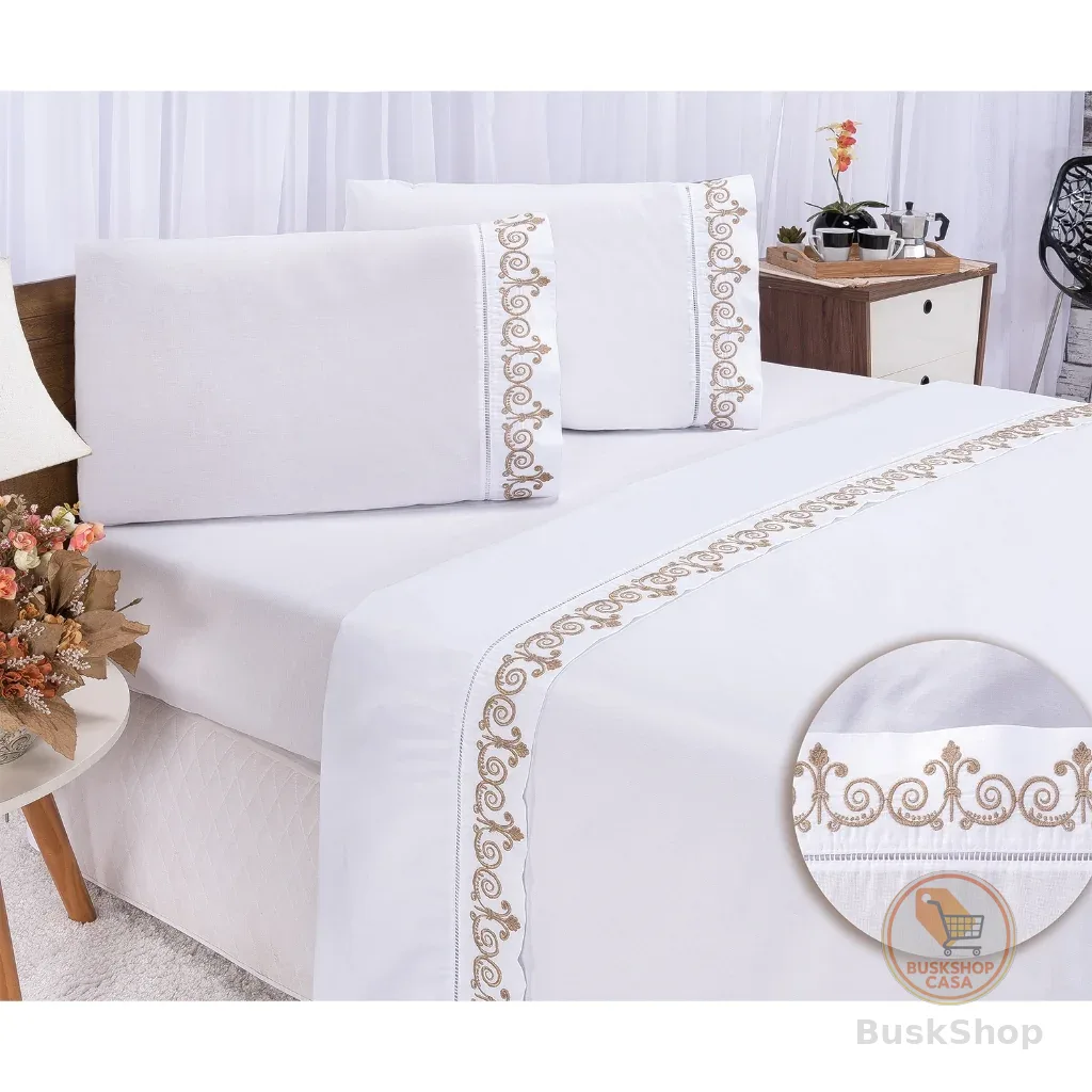 Jogo de Lençol Bordado para Cama Casal Queen Percal 400 Fios Toque de Algodão 4 peças