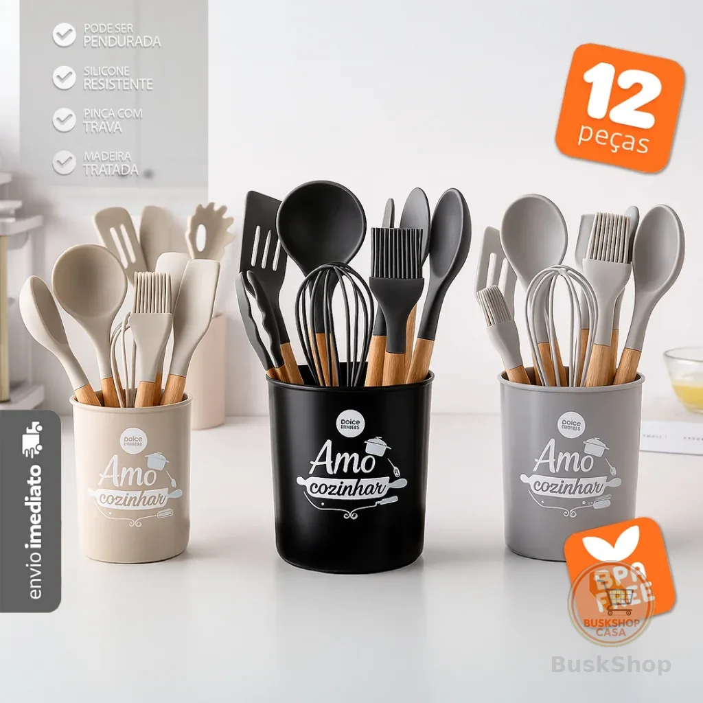 Jogo 12 Peças Utensílios Silicone Cabo Madeira Fouet Pegador - Bhz Store