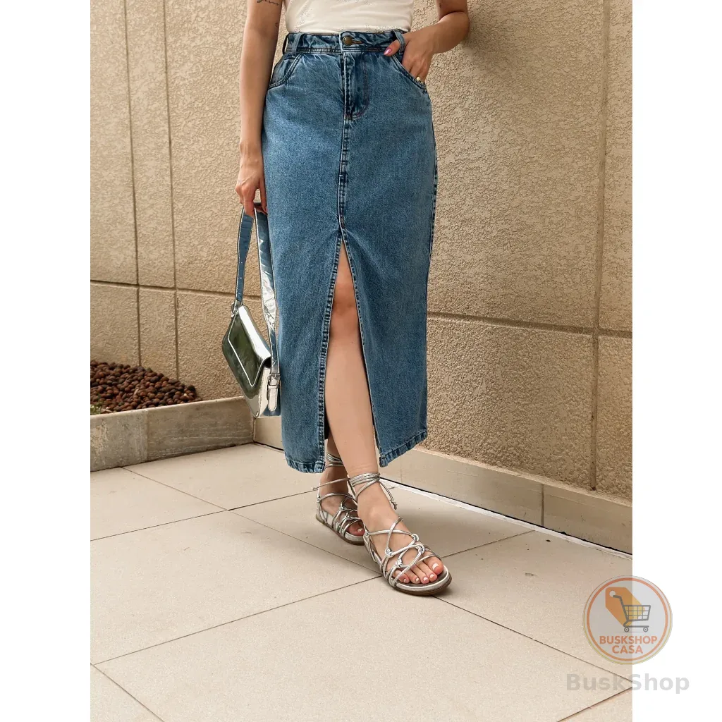 Saia jeans  cintura alta Fenda no meio, casual, elegante, simples e elegante,  sem lycra, comprimento 90  cm