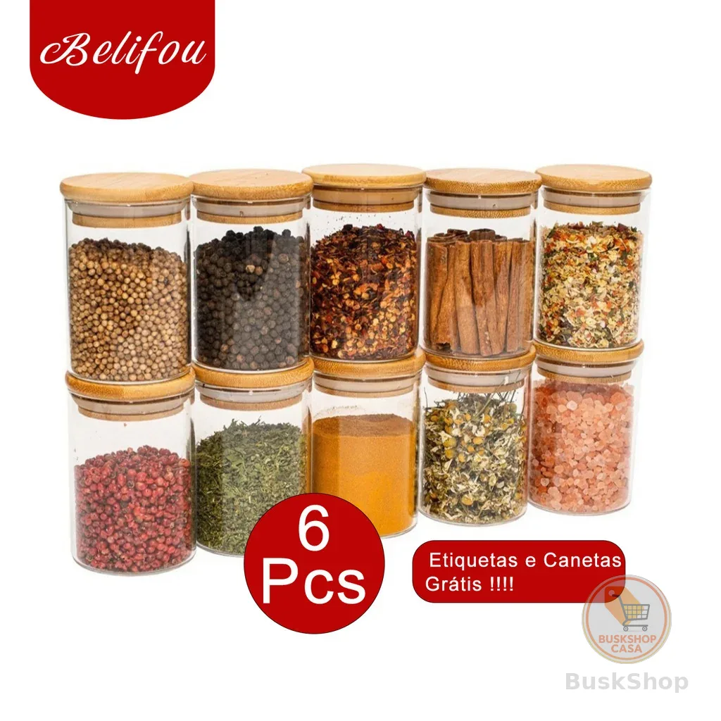Belifou 200ML Kit 6 Potes Para Alimentos Com Tampa Bambu Potes Vidro Potes Pote De Vidro Selado