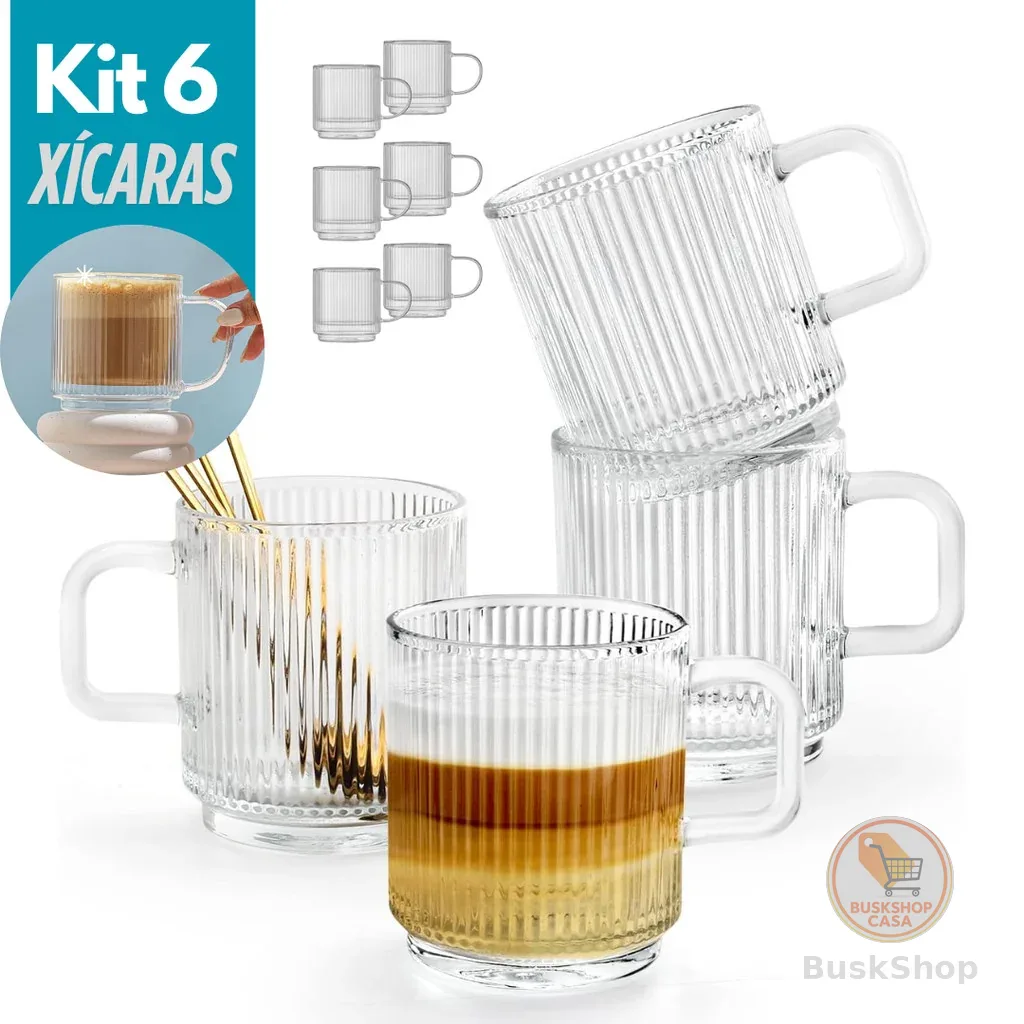 Conjunto 6 Canecas de Vidro Caneladas Xícaras Resistentes Textura Canelado Café