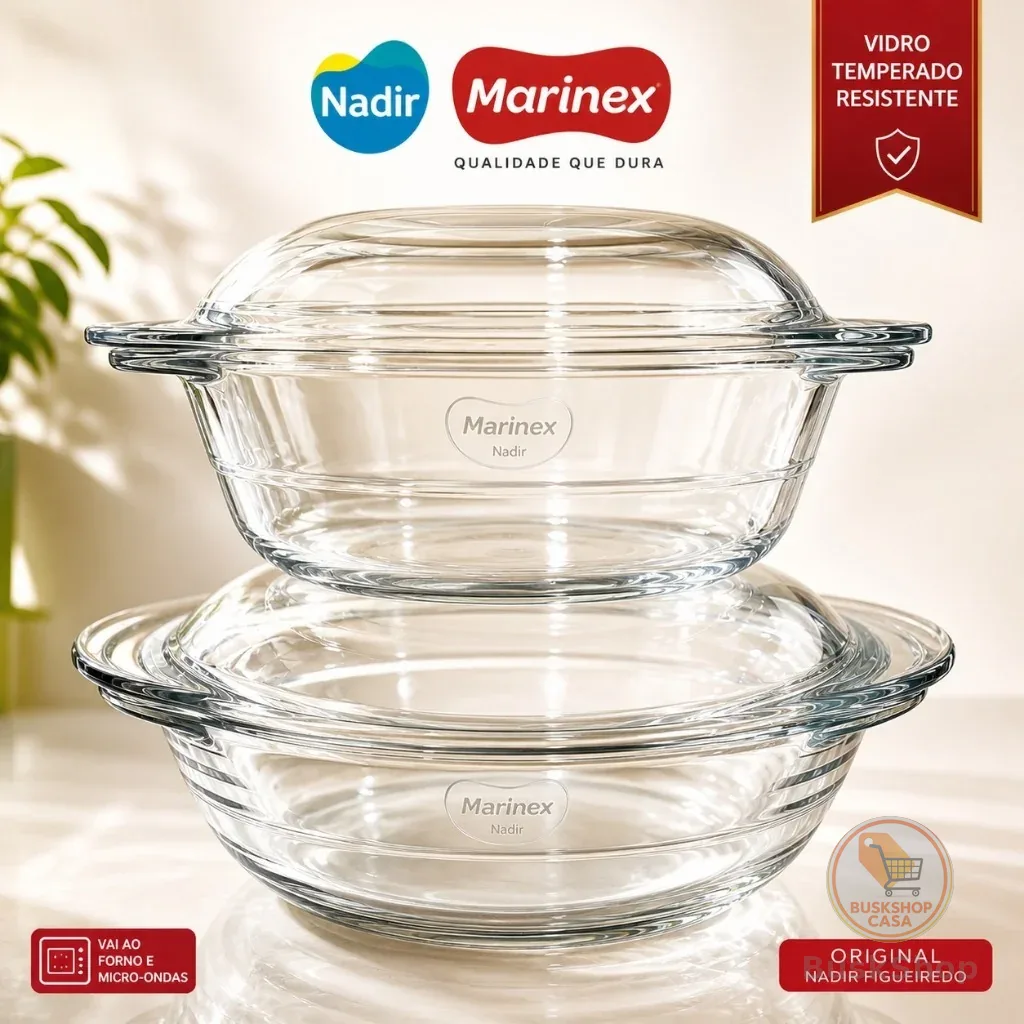 Kit 2 Travessas Marinex Vidro Temperado com Tampa Assadeira Refratário Redonda Forno 2,3L e 2,8L