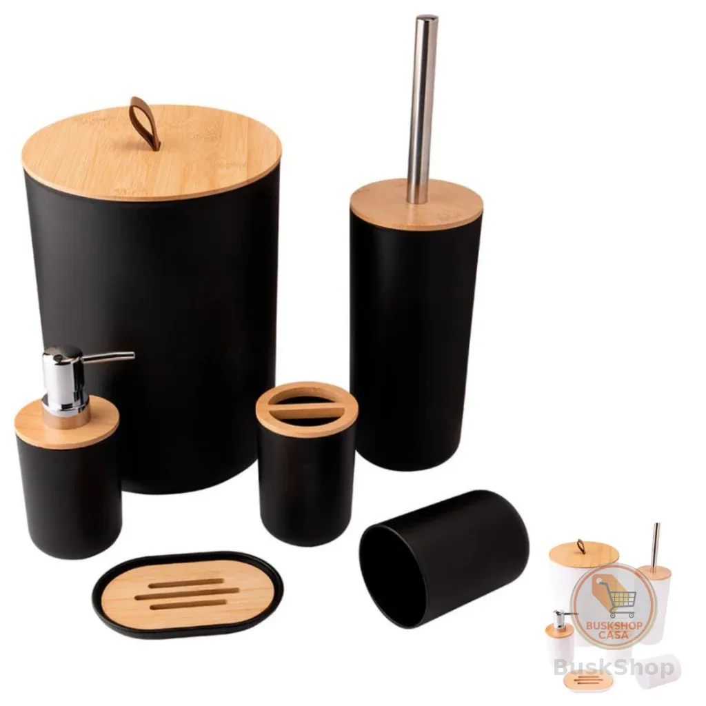 Kit de Banheiro Completo com 6 ou 4 peças - Lixeira com Tampa Basculante Bambu para Lavabo