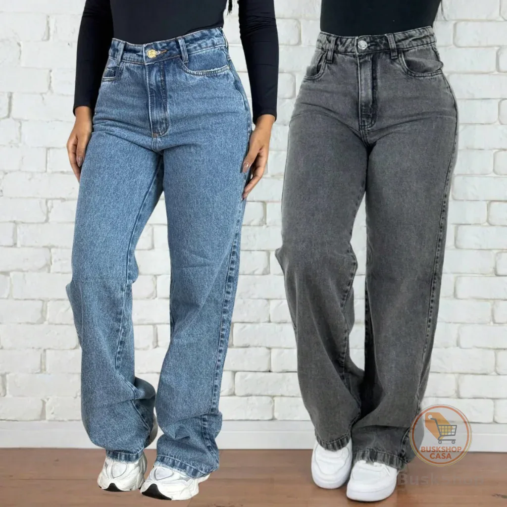 Kit 2 Calças Jeans Wid Leg Cos Alto Aumenta Bumbum Moda Feminina