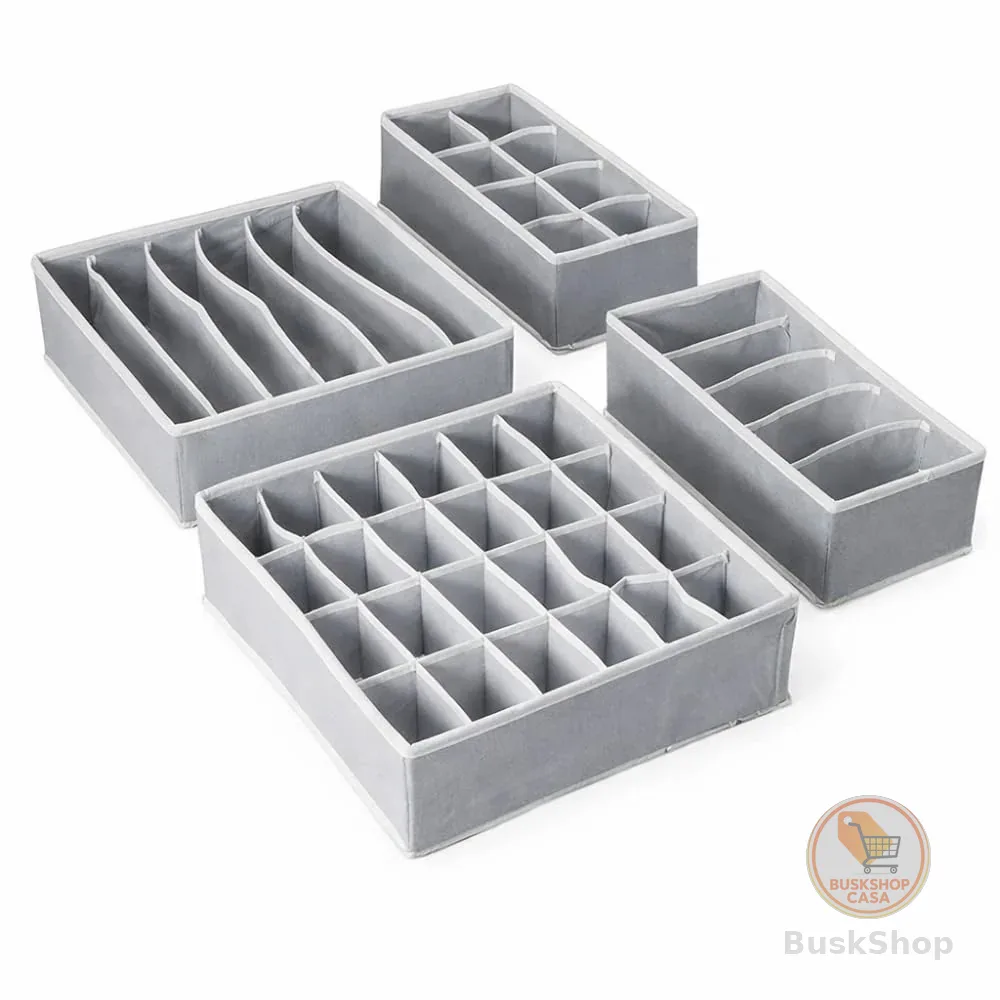 Kit 4 Organizadores de Gaveta para Roupas Íntimas, Colmeia em TNT Cinza Dobrável com 24, 8, 7 e 6 Divisões para Meias e Sutiãs (Cinza)