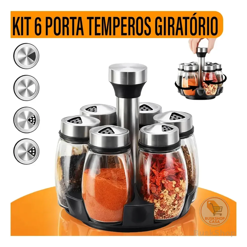 Yab - Porta Tempero De Mesa Saleiro Giratório 6 Potes P/ Condimentos Em Vidro E Aço Inox Cozinha Premium