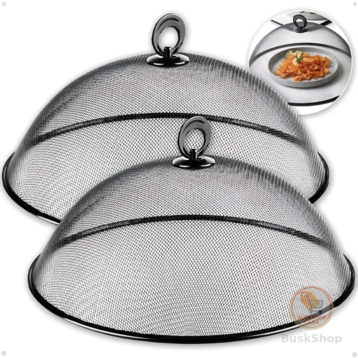 Kit 2 Telas Protetoras de Alimentos Anti Moscas Premium Metálica 35cm com Alça Preta Ideal para Proteção de Pães Frutas Bolos Doces em sua Cozinha