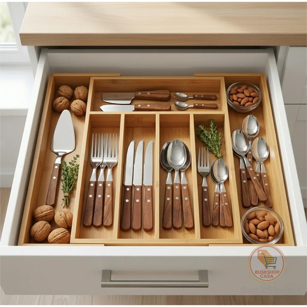 Organizador De Talheres Gaveta Bambu Extensível 7 Divisórias