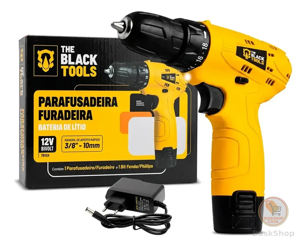 Parafusadeira Furadeira The Black Tools TB12A 3/8 a Bateria Cor Amarelo Frequência 60Hz