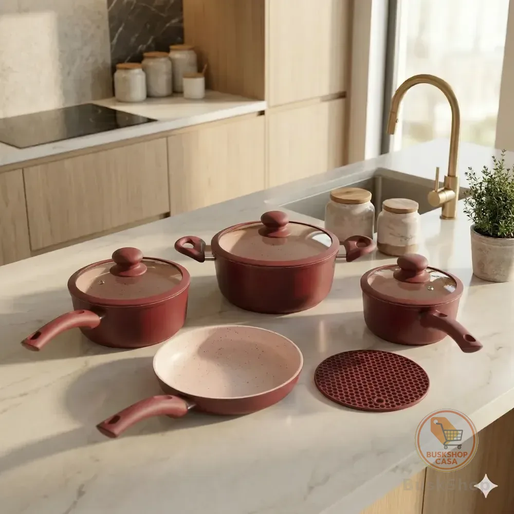 Jogo Panela Ceramica Antiaderente 5pç Tampa Silicone Induçao Vermelho