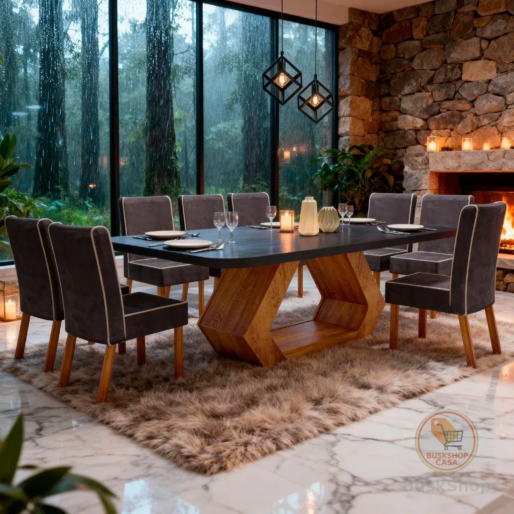 Sala de Jantar 220x110 Lottus MDF/Vidro 8 Cadeiras Bom Pastor