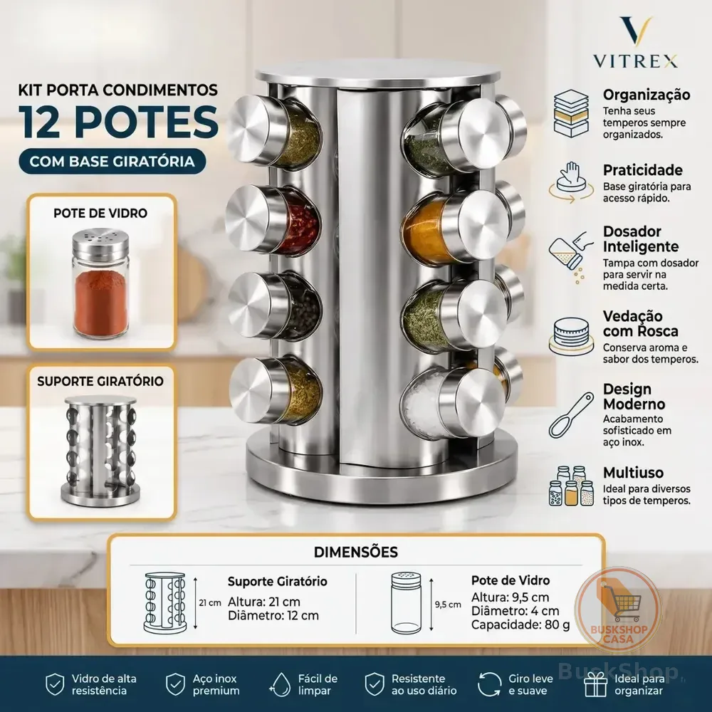 Kit Porta Temperos Condimentos 12 Potes C/ Temperos Em Vidro E Inox Com Base Giratória