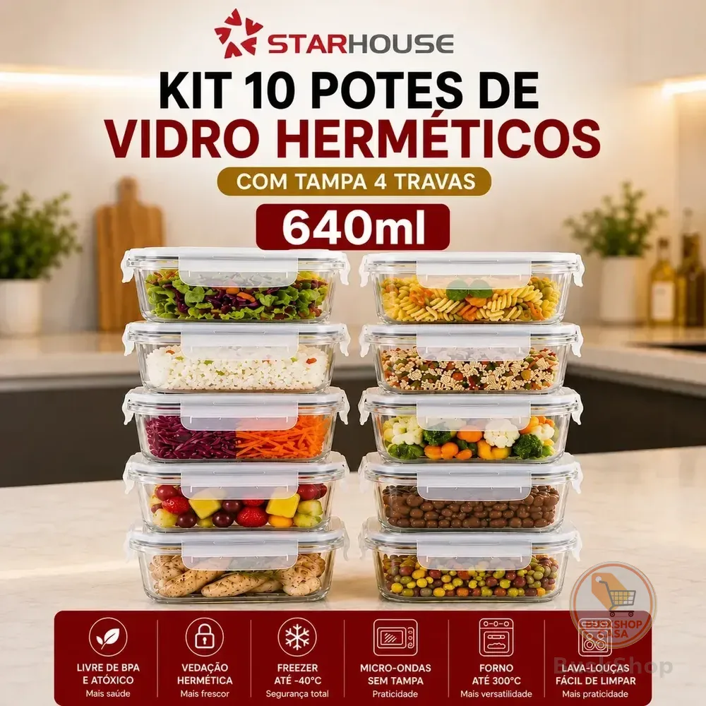 Kit 10 Potes Herméticos Vidro 640ml Starhouse Marmita Forno Micro-ondas Airfryer com 4 travas de super vedação