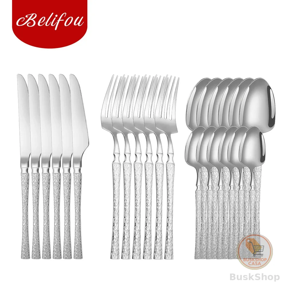 Belifou Kit 24 Jogo De Talheres Aço Inoxidável Cintura Fina Textura Prata - Luna