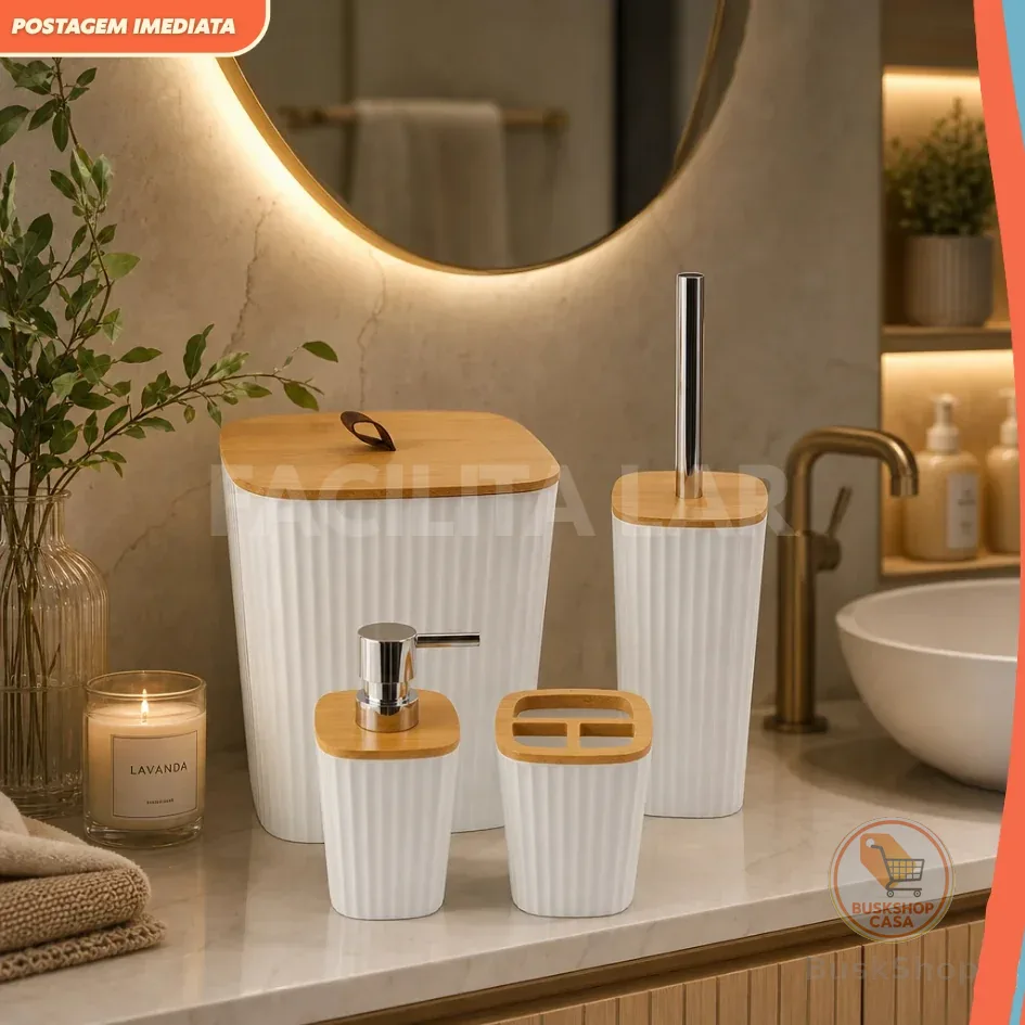 Conjunto de Banheiro Moderno 4 peças com Tampa de Bambu – Organizador Decorativo Elegante Branco ou Preto