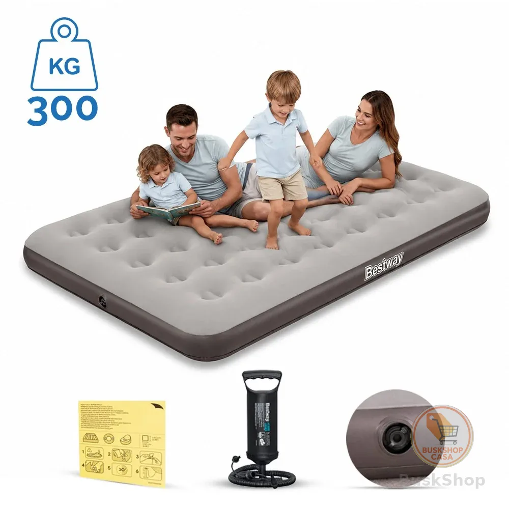 Colchão Inflável Bege Suporta 300kg Casal Camping Praia + Bomba de Ar Manual Bestway