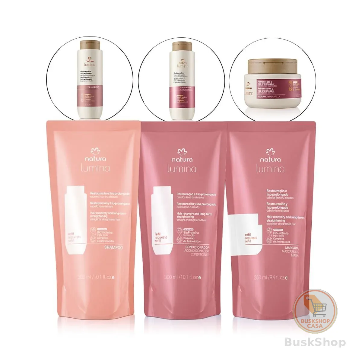 Kit Refil Shampoo, Condicionador e Máscara Lumina para Restauração e Liso Prolongado