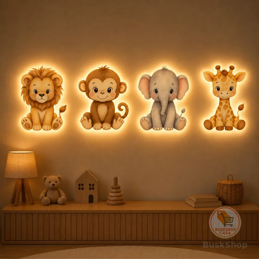 Kit Safari Infantil Iluminado LED Parede Com Bateria 4 Peças