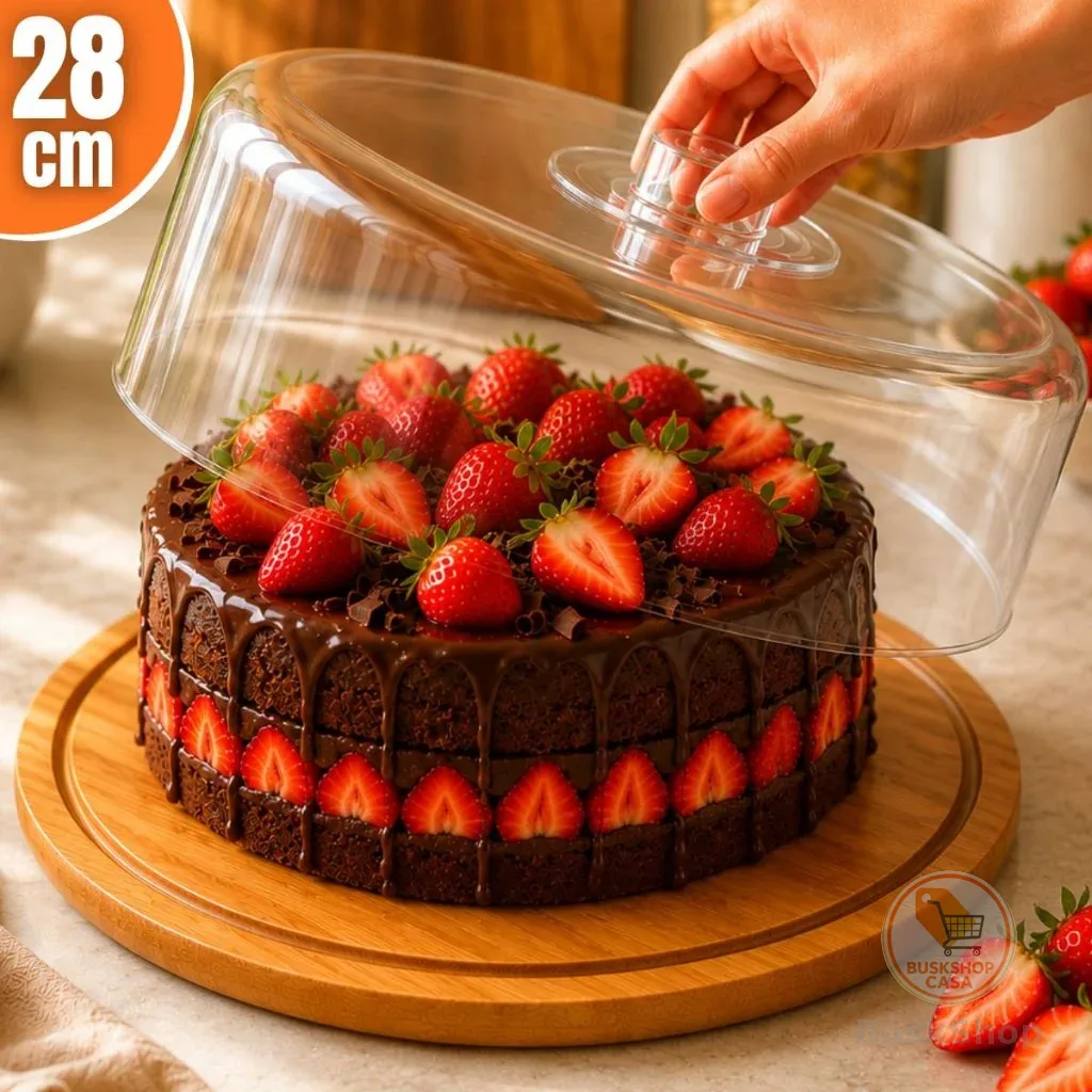 Boleira Base Bambu Com Tampa Em Acrílico Porta Bolo Queijeira Doces Torta Pudim Queijo Grande 28cm