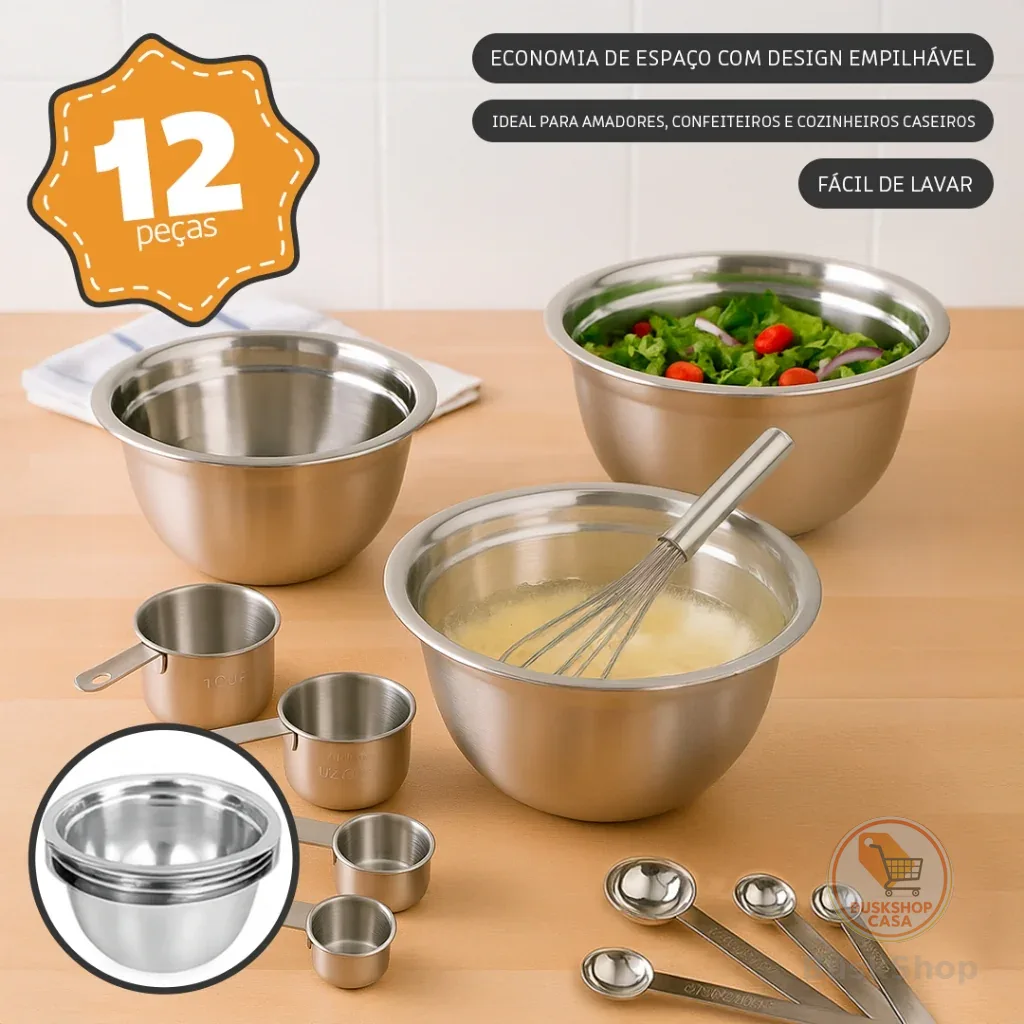 Kit 12 Peças Bowl em Aço Inox Escovado – Tigelas + Medidores + Fouet Premium