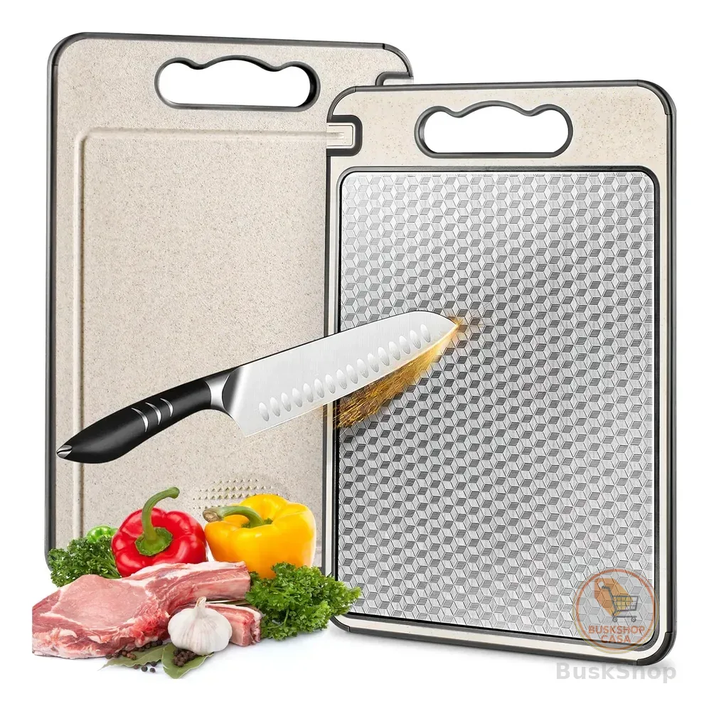 Tabua De Corte Para Cozinha Dupla Face Corte Inox E Palha Lisa Prateado