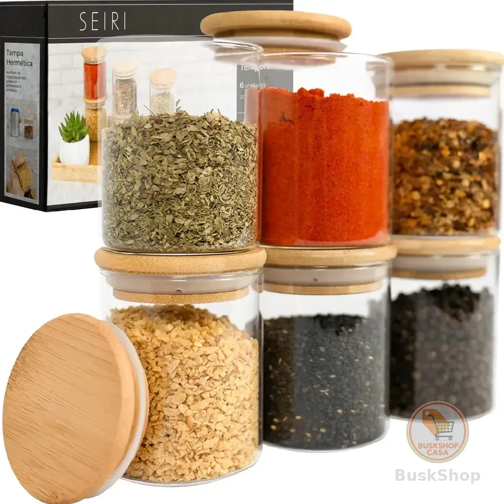 Kit 6 Potes Porta Temperos Vidro Borossilicato Hermético Tampa Bambu Organizador Cozinha 200 ml Seiri