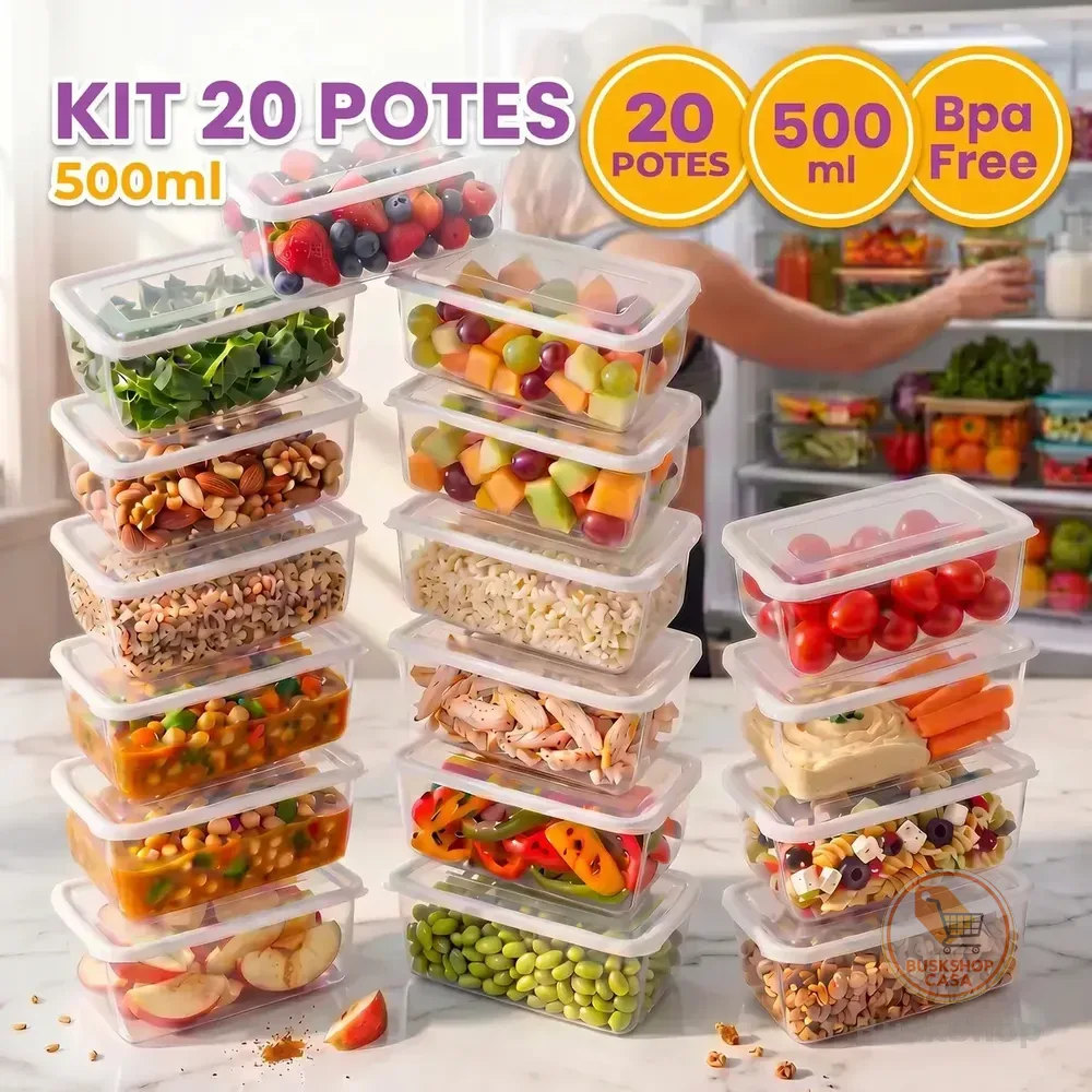 Kit 20 Potes 500 Ml Transparente Marmita Fitness Bpa Free Reutilizável Tampa Hermética Micro E Freezer Ponte Lar Utilidades