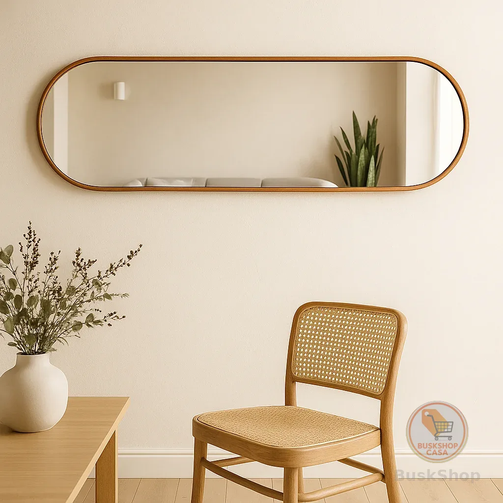 Espelho Decorativo Orgânico Vertical e Horizontal 110x30 cm com Alça em Couro