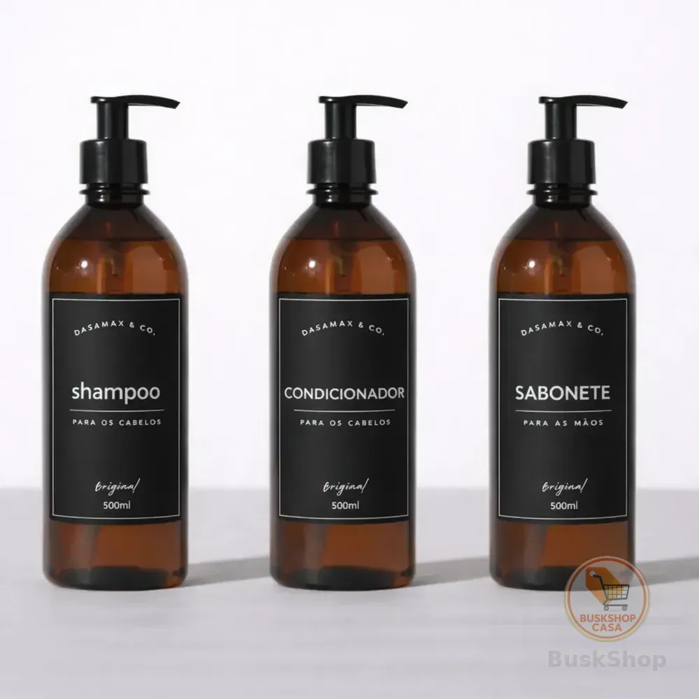 Kit Banheiro 3 Frascos 500ml Shampoo Condicionador Sabonete Trio Âmbar Preto Alto