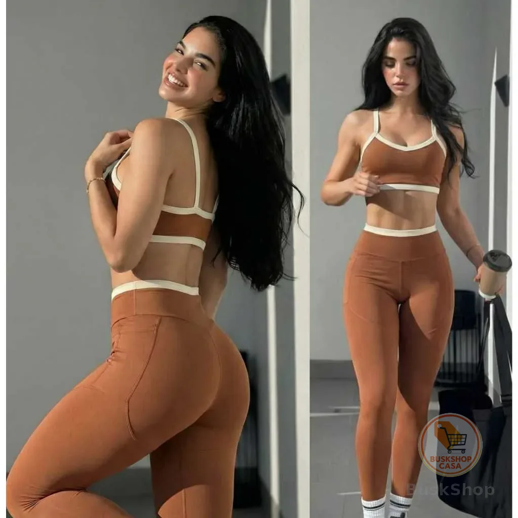 Conjunto Fitness Poliamida Legging com Bolso Recortes Estratégicos Top Duplo com Entrada Bojo